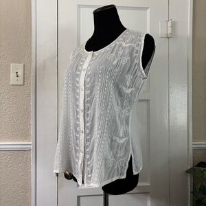 Soft Surroundings Lightweight Embroidered Sheer Sleeveless  Button Down Blouse
